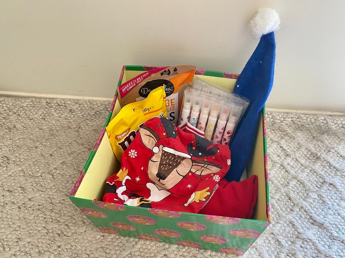 a december 1st box with a christmas hat, christmas shirt, treats and other gifts