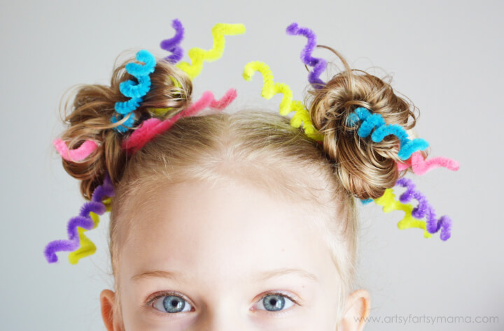 crazy hair day lalaloopsy hairstyle with pipe cleaners in rainbow colours. 