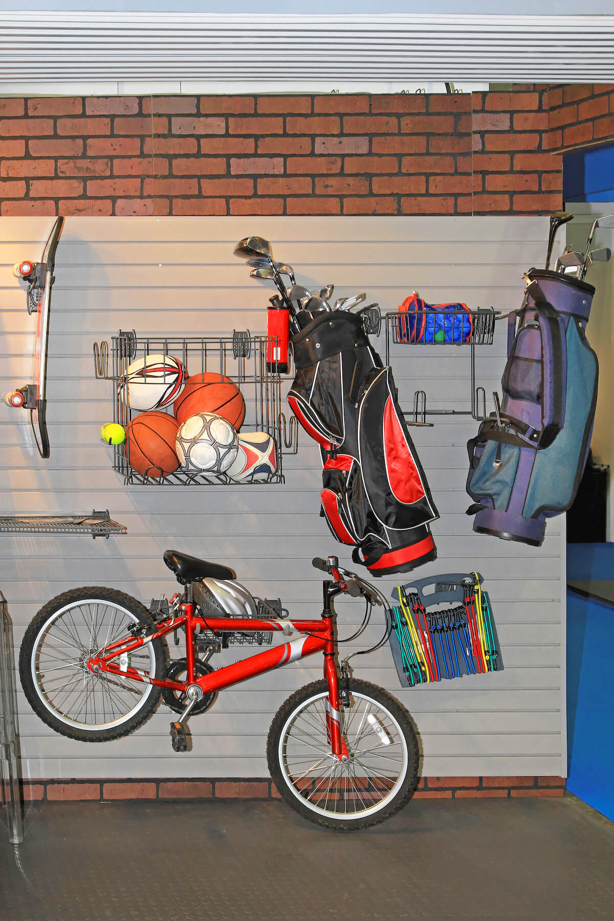 sports equipment in garage