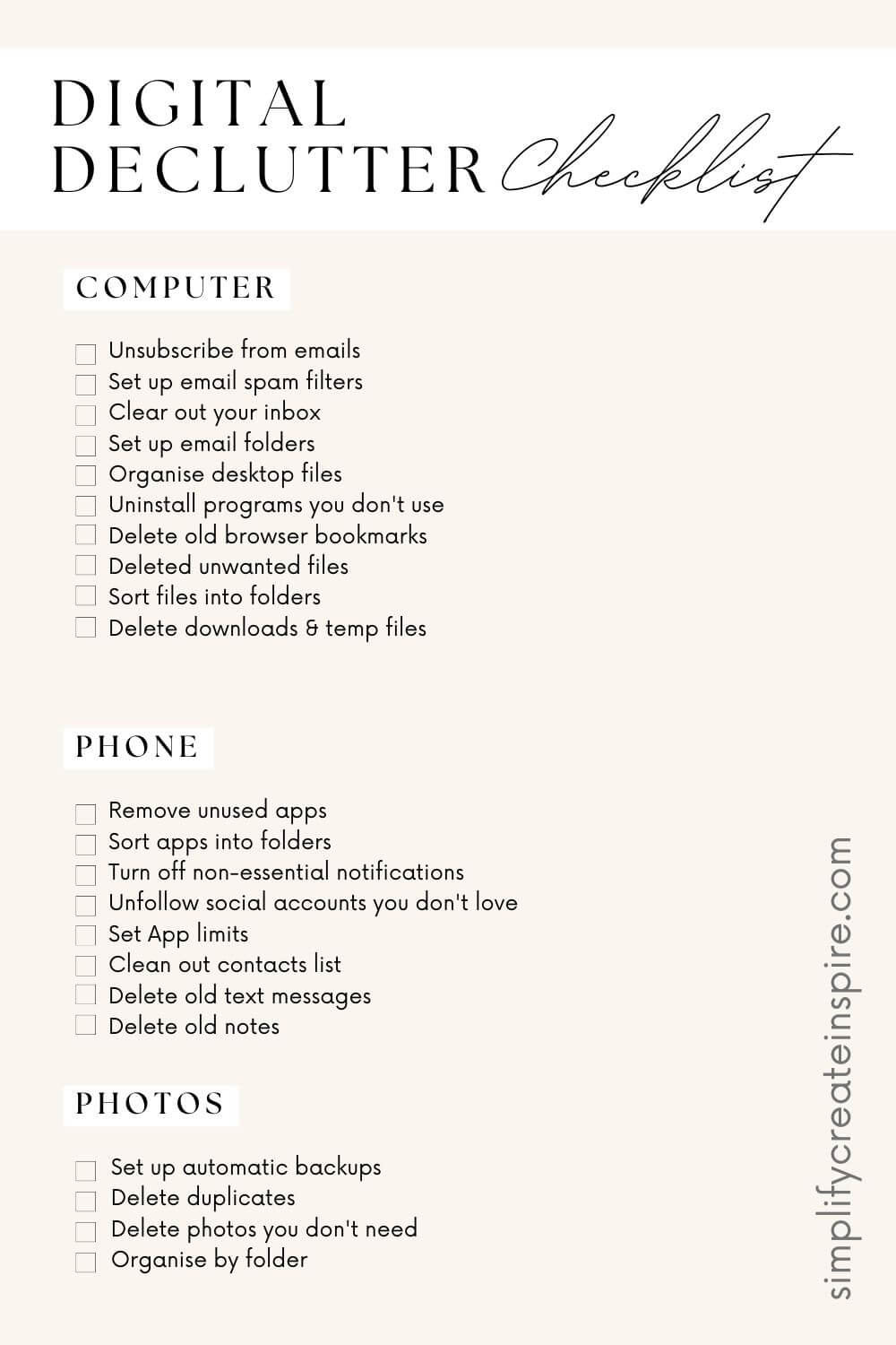 digital declutter checklist.