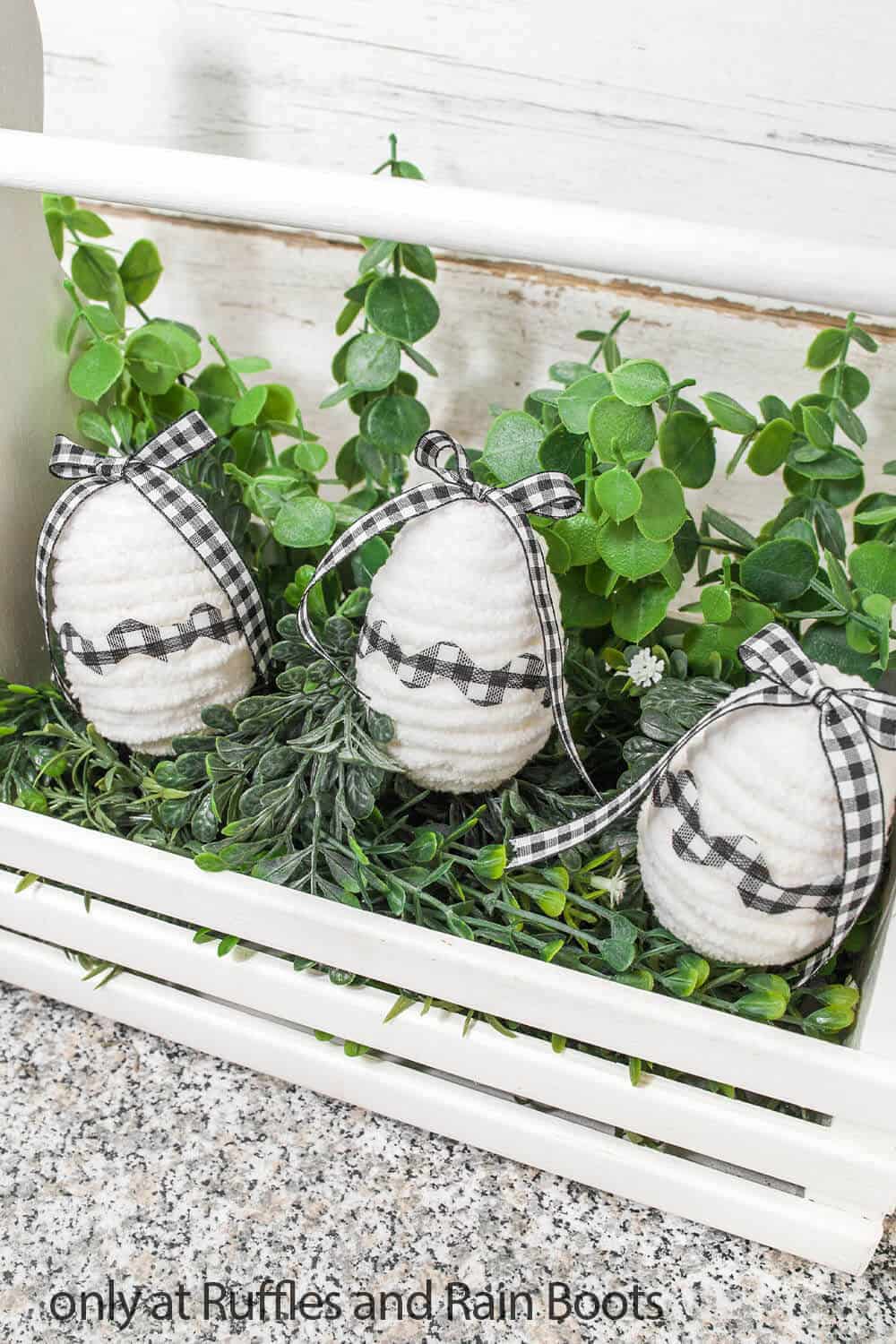 diy farmhouse buffalo plaid easter eggs in basket