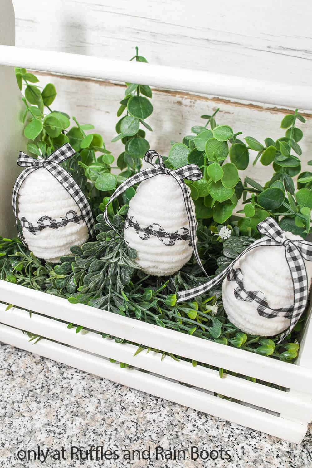 diy farmhouse buffalo plaid easter eggs in basket