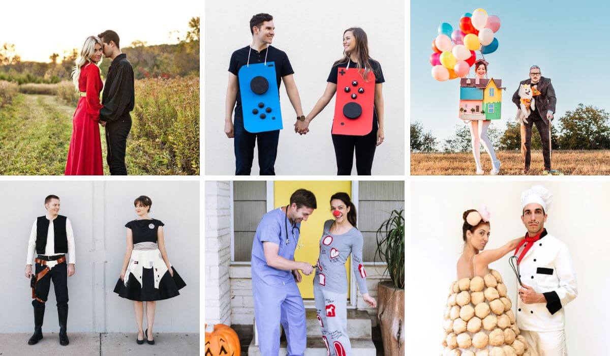 collage of couples dressed in diy halloween costumes