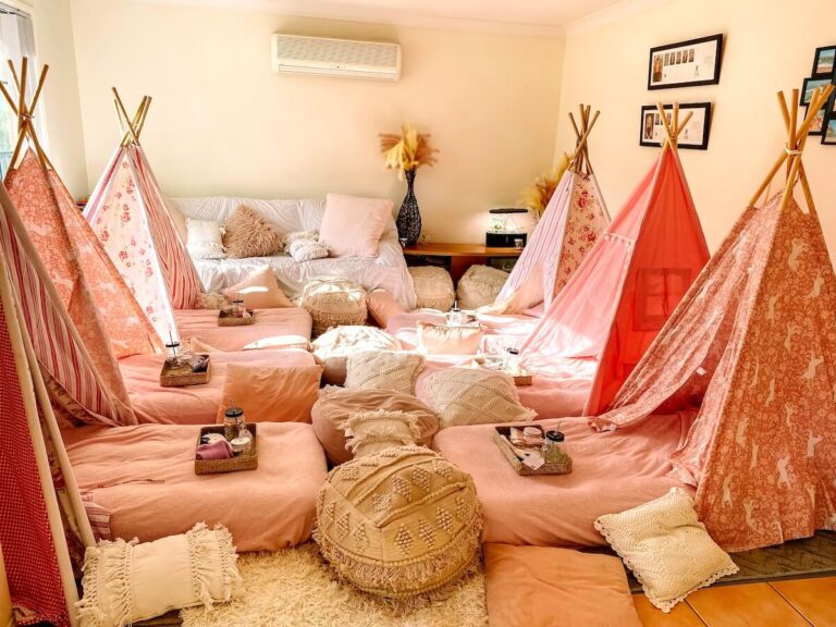 diy teepee slumber party with pink theme.