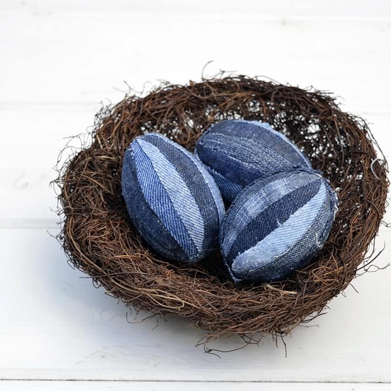 easter eggs decorated with strips of denim