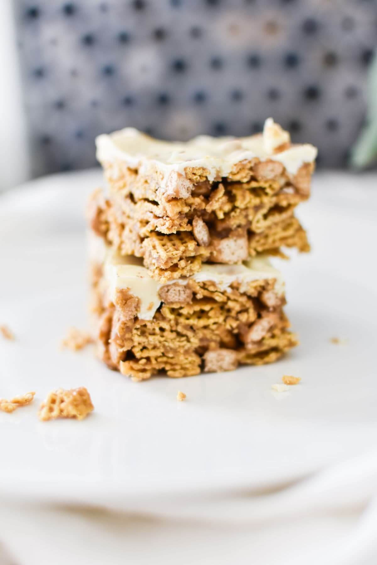 two cereal bars stacked on bench