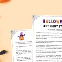 free printable left right game on halloween background.