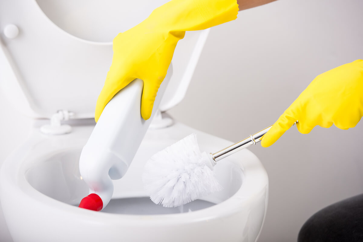 person scrubbing a toilet clean