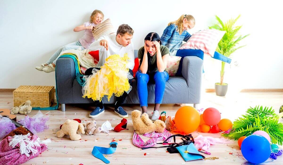 woman overwhelmed by messy house