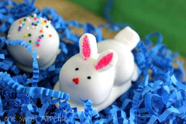 Oreo easter bunny truffles in blue shredded paper