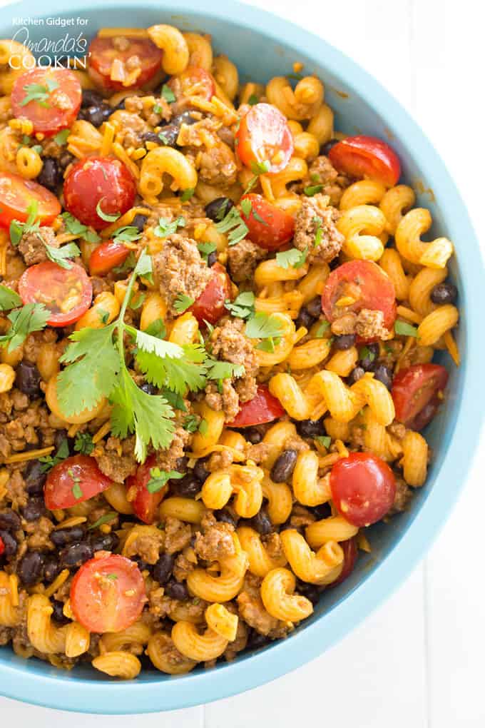 taco pasta salad in a blue bowl