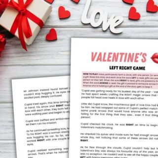 valentine left right game printables on a woodgrain background with valentine decorations.