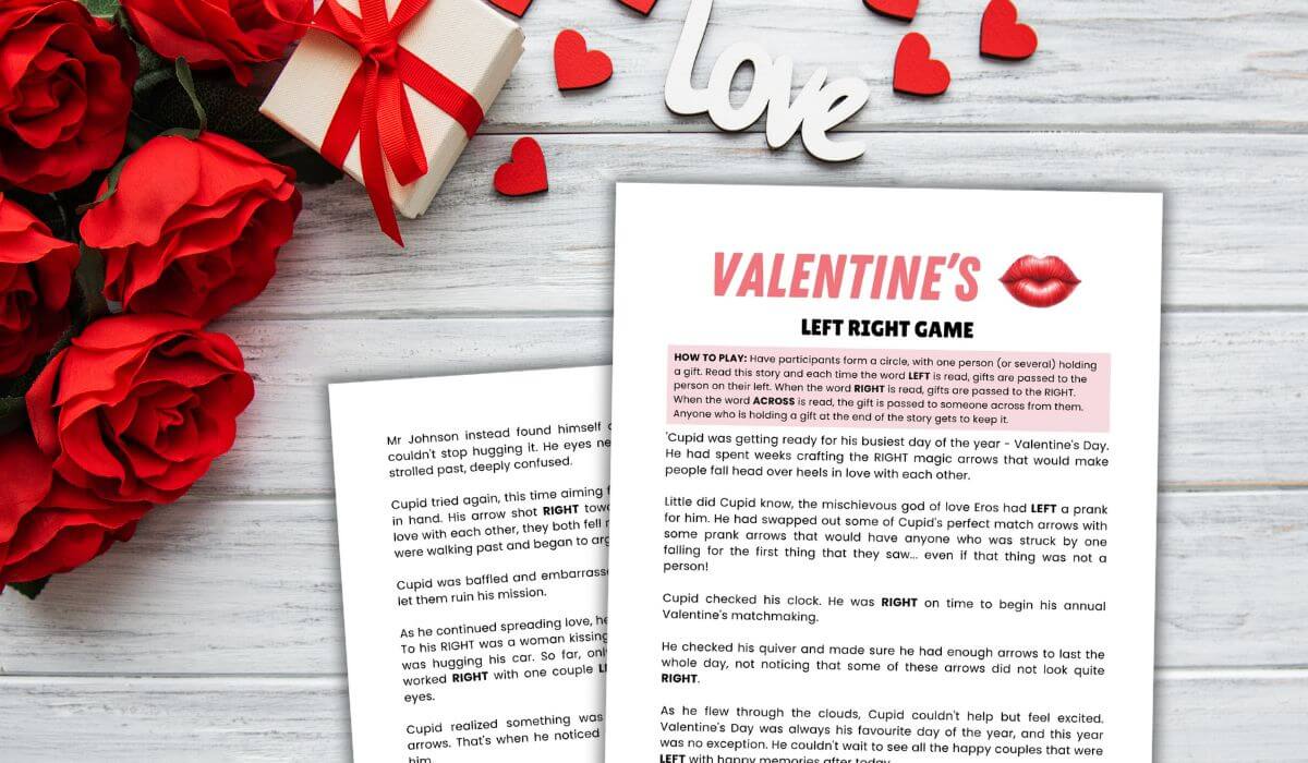 valentine left right game printables on a woodgrain background with valentine decorations.