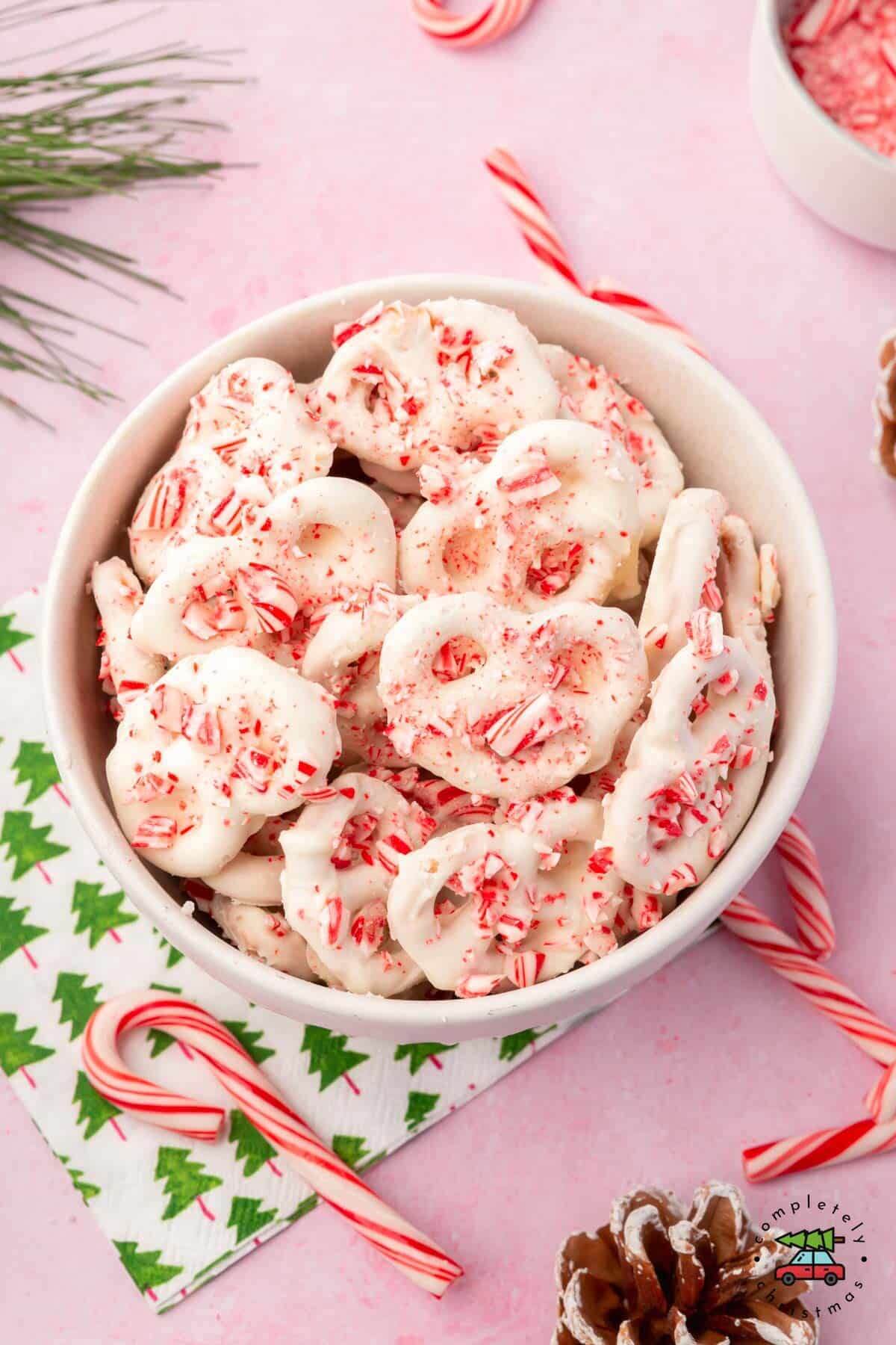 white chocolate peppermint pretzels