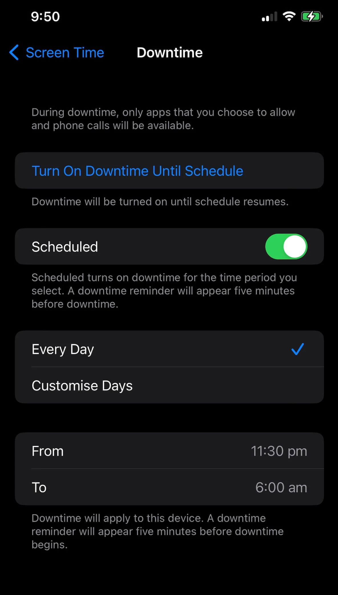 screen shot of iphone downtime settings