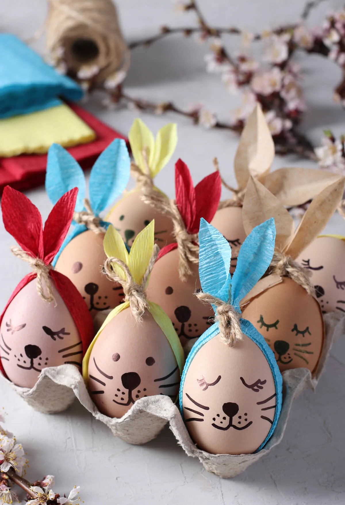 bunny easter eggs with paper napkin ears