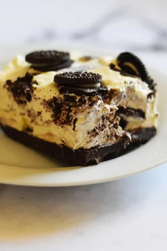 Close up no bake oreo cheesecake