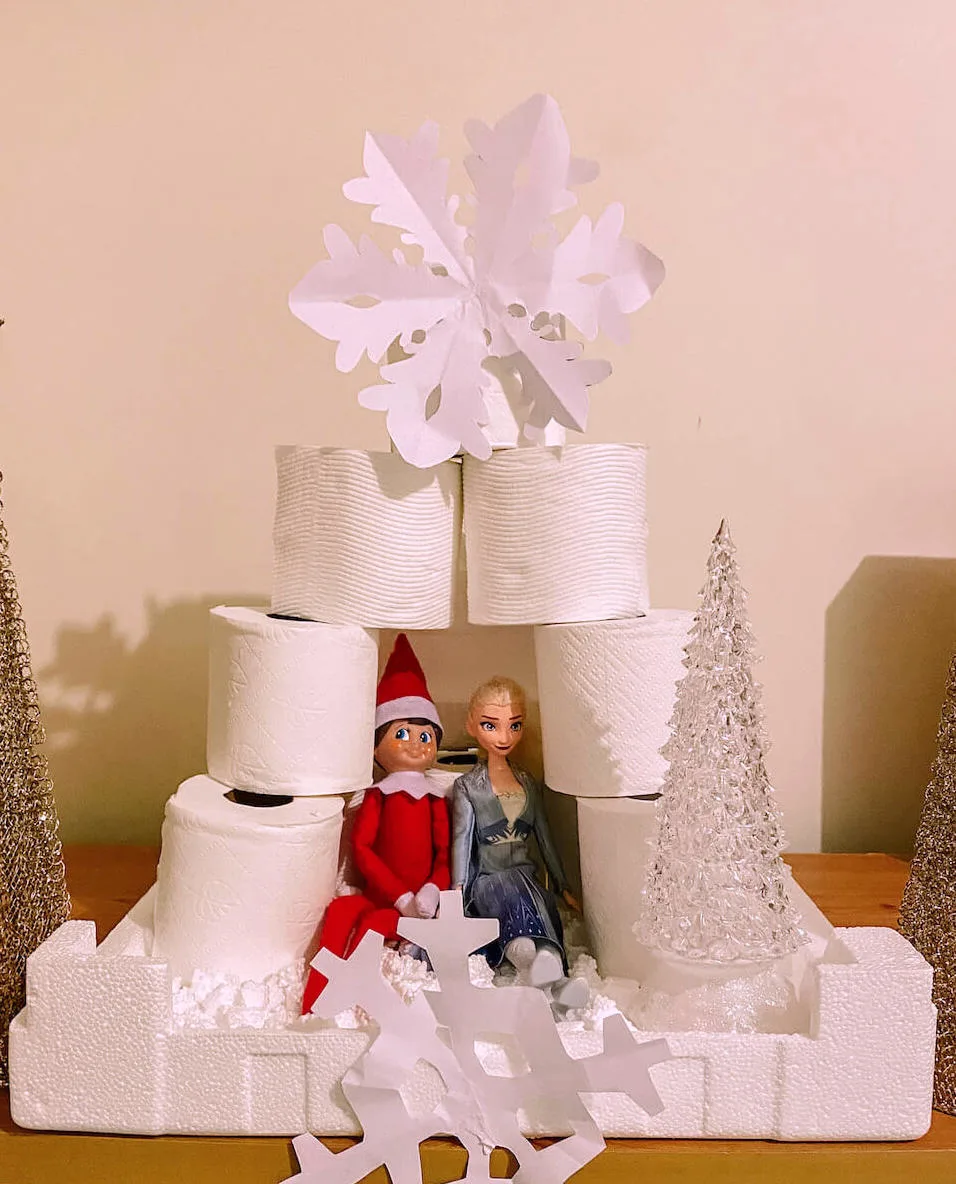 elsa ice castle made from toilet paper
