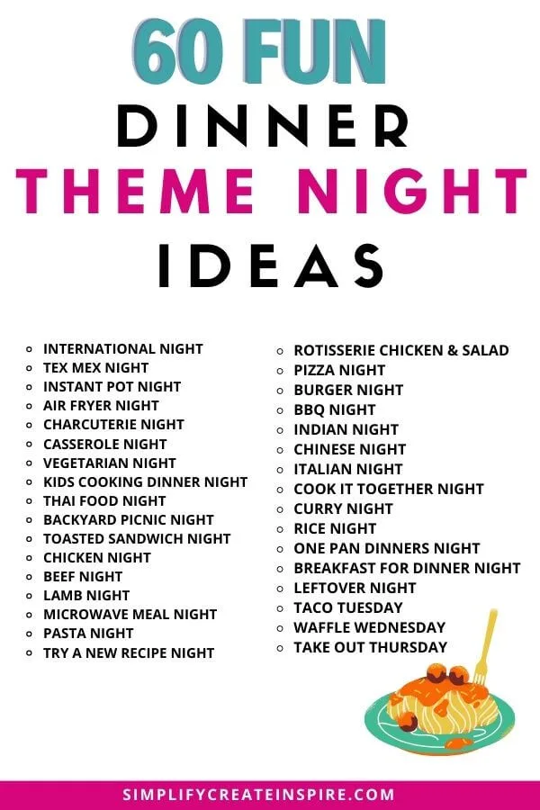 Pinterest image - text reads 60 fun dinner theme nights