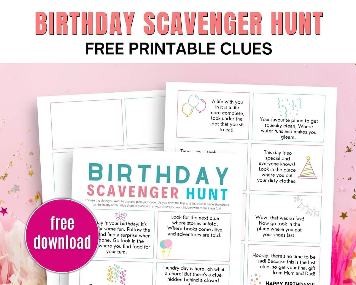 free printable birthday scavenger hunt clues.