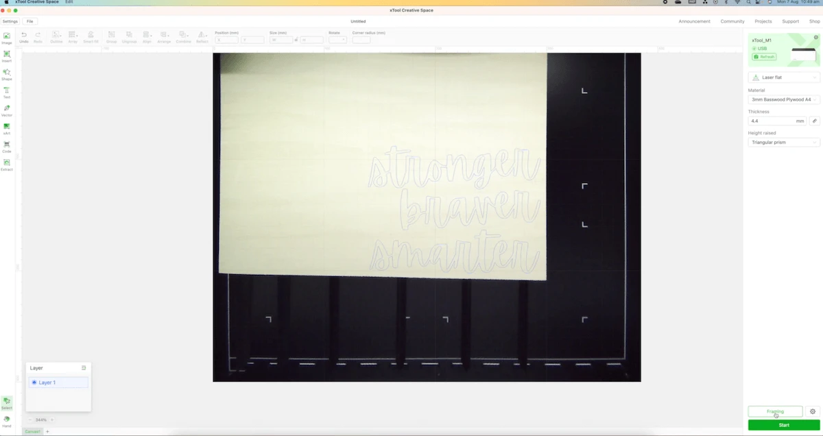 xtool design software screen with traced words for laser cutting