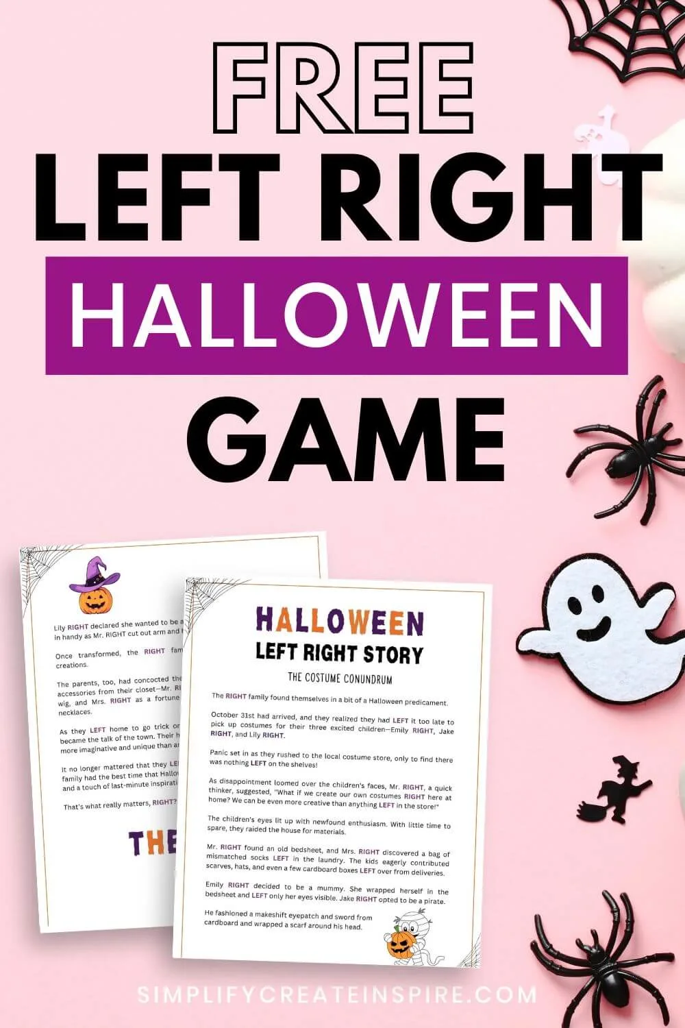 free left right halloween game printable on pink background.