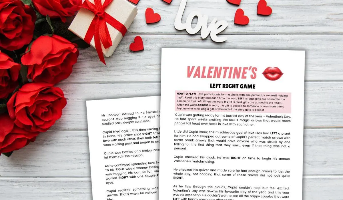 valentine left right game printables on a woodgrain background with valentine decorations.