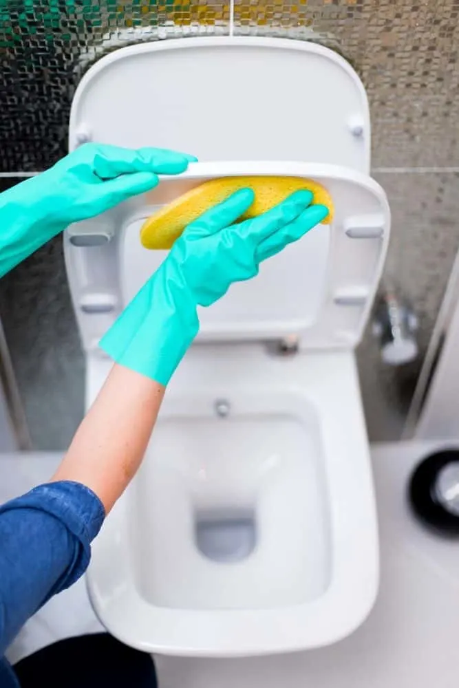 cleaning a toilet